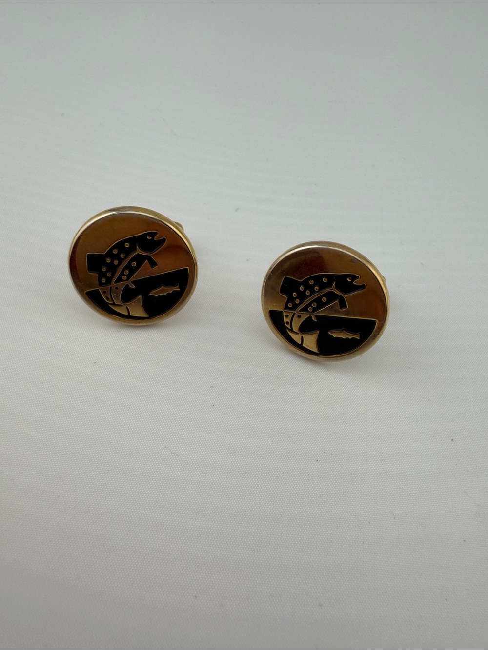 Vintage Gold-Tone and Black Fish Design Round Cufflinks - Men's Accessories